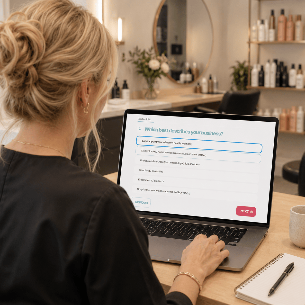 Business owner taking a quiz on a laptop